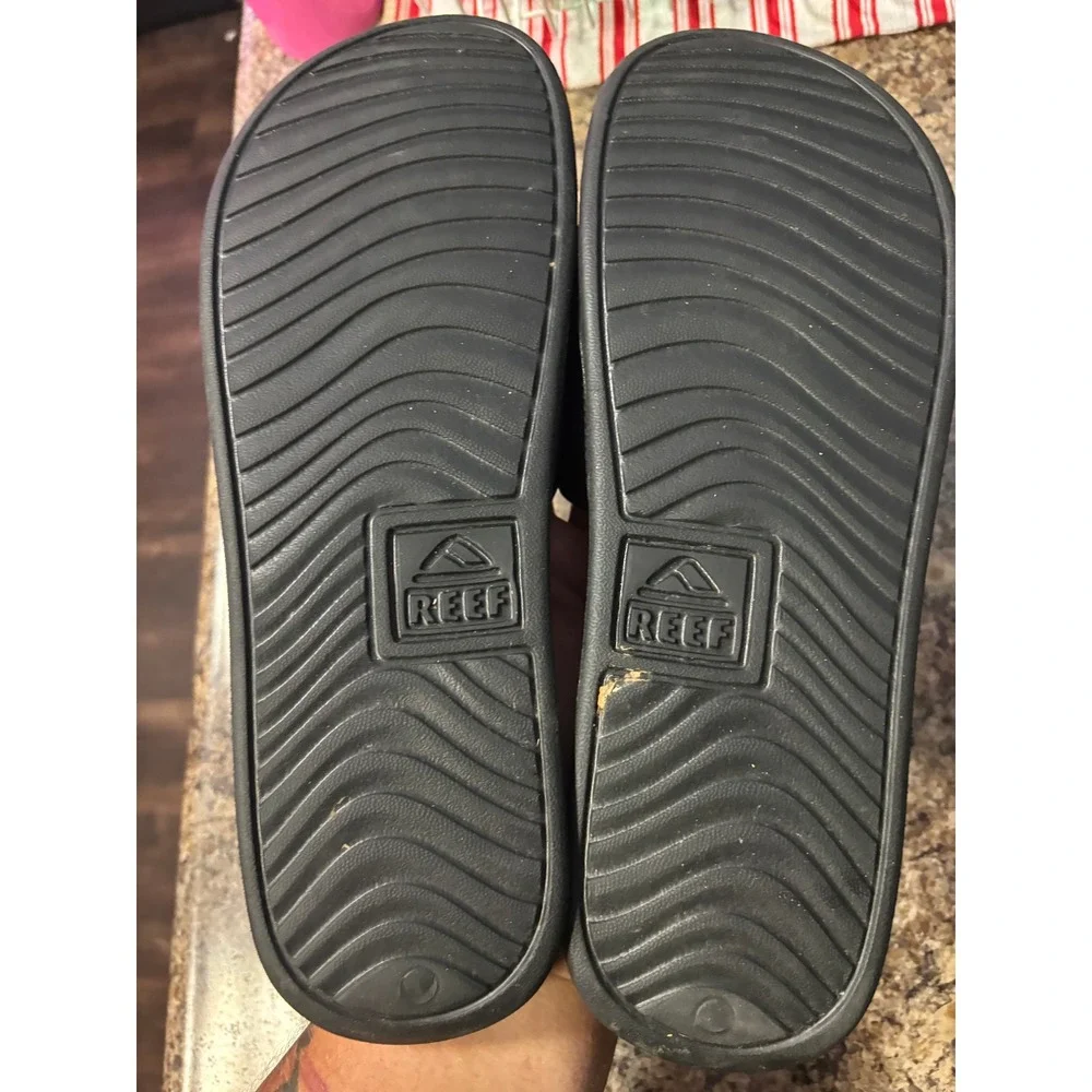 Reef Mens One Slide Sandals Black Life Is Good‎ Logo Comfort Beach Shoes Size 11